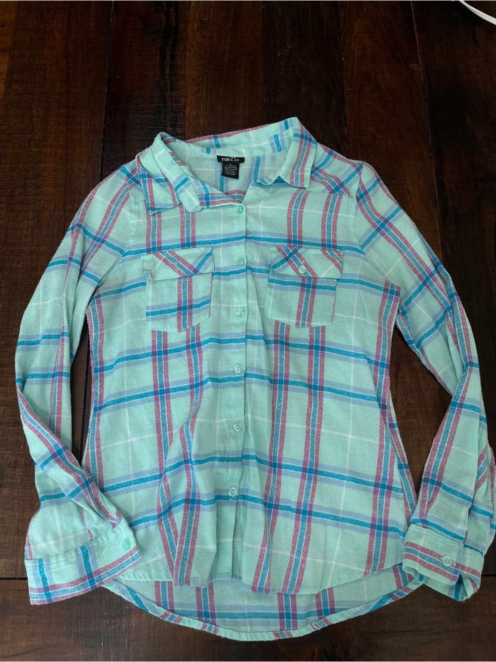 rue21 Mint Plaid Shirt with Blue and Pink Stripes
